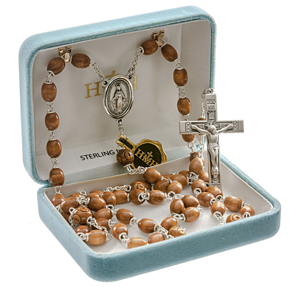 Brown Oval Boxwood Rosary Sterling Crucifix and Centerpiece | .925 Silver