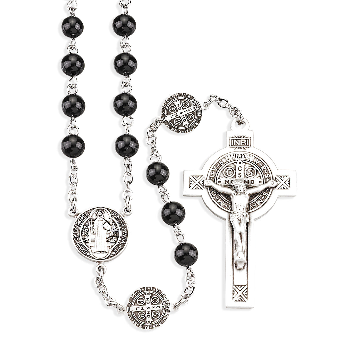 Saint Benedict Black Polished Boxwood Jubilee Rosary Sterling Crucifix and Centerpiece | .925 Silver
