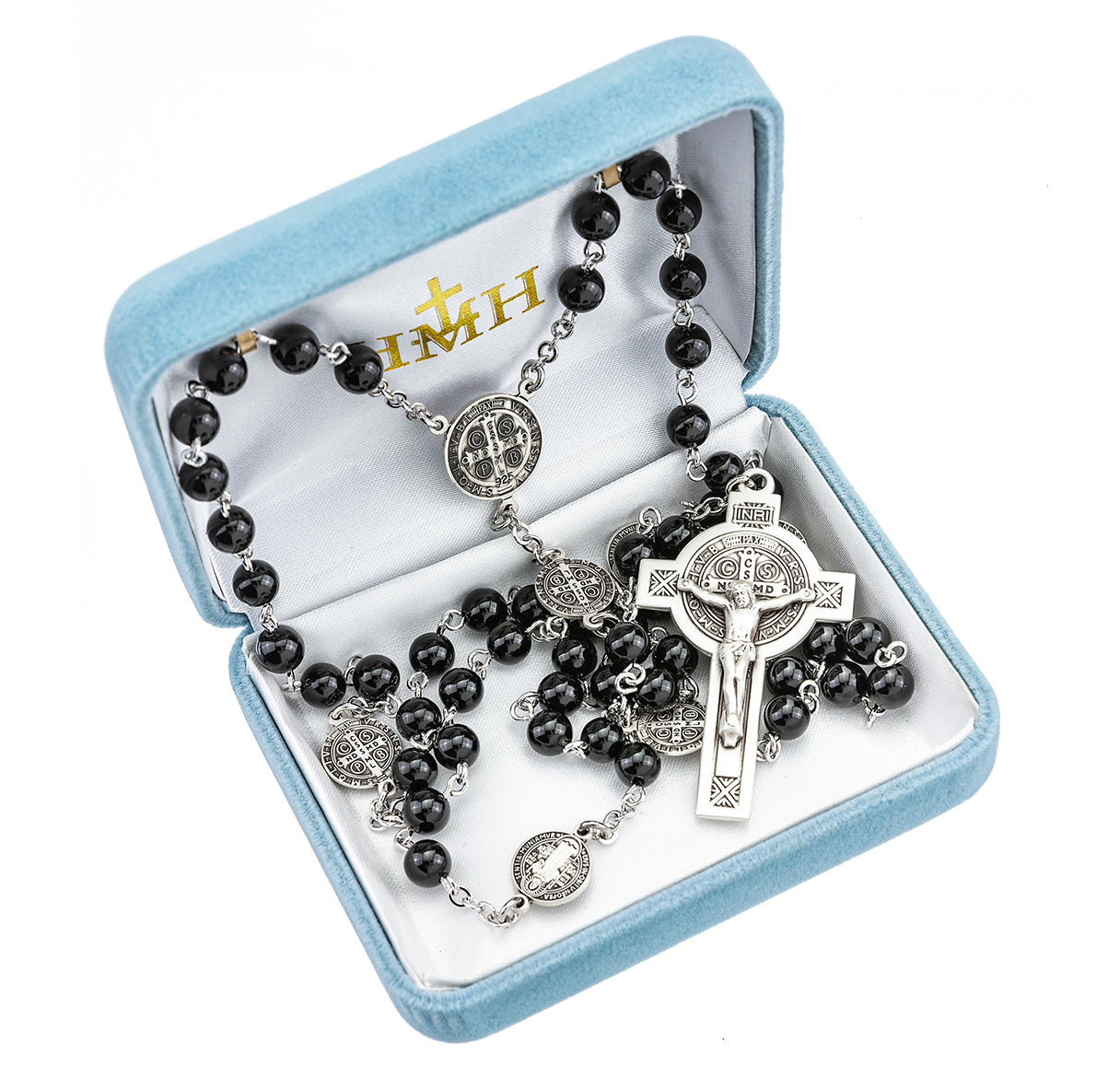 Saint Benedict Black Polished Boxwood Jubilee Rosary Sterling Crucifix and Centerpiece | .925 Silver