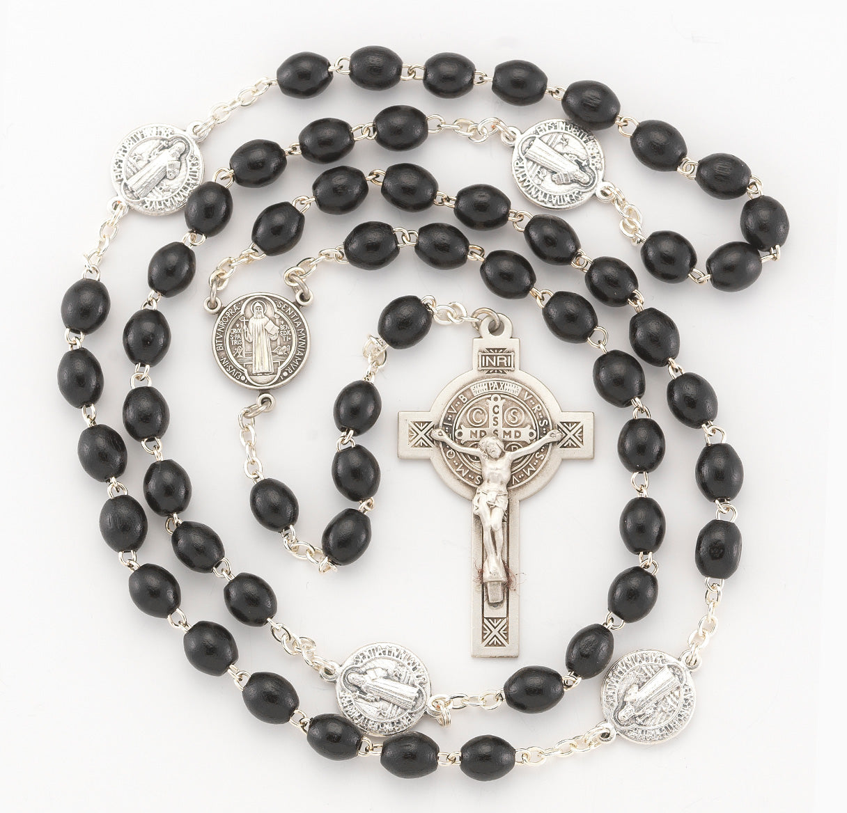 Saint Benedict Black Polished Boxwood Jubilee Rosary Sterling Crucifix and Centerpiece | .925 Silver