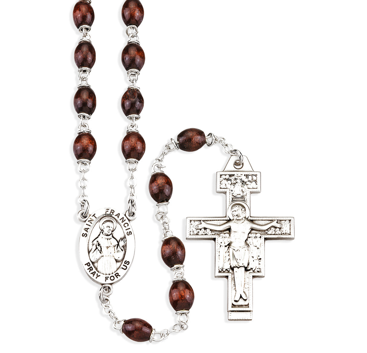 Sterling Silver St. Francis 7 Decade Rosary - Brown Boxwood 6mm x 9mm Oval Beads | .925 Silver