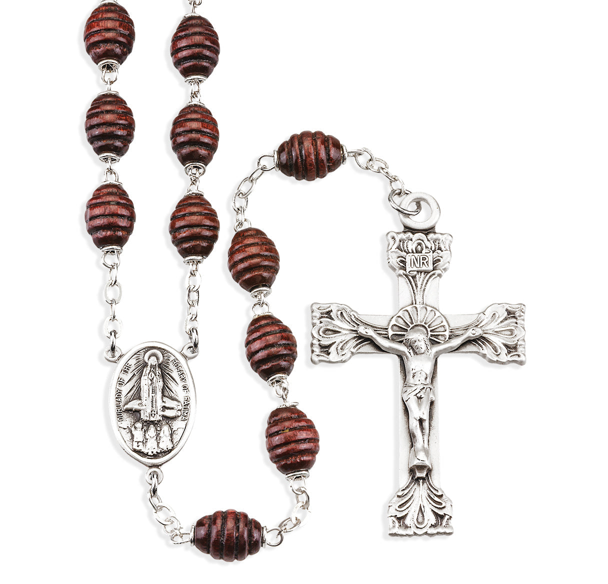 Maroon Oval Carved Beehive Boxwood Rosary Sterling Crucifix and Centerpiece | .925 Silver