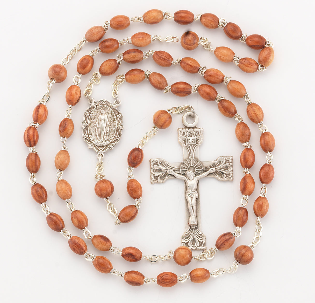 Genuine Rose Wood Oval Bead Rosary Sterling Crucifix and Centerpiece | .925 Silver