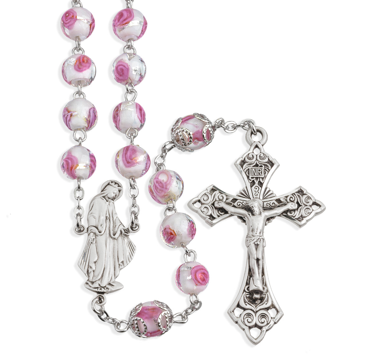 8mm Pink Rose Embedded Glass Beads with Double Capped "Our Father" Beads | Catholic Rosary Beads