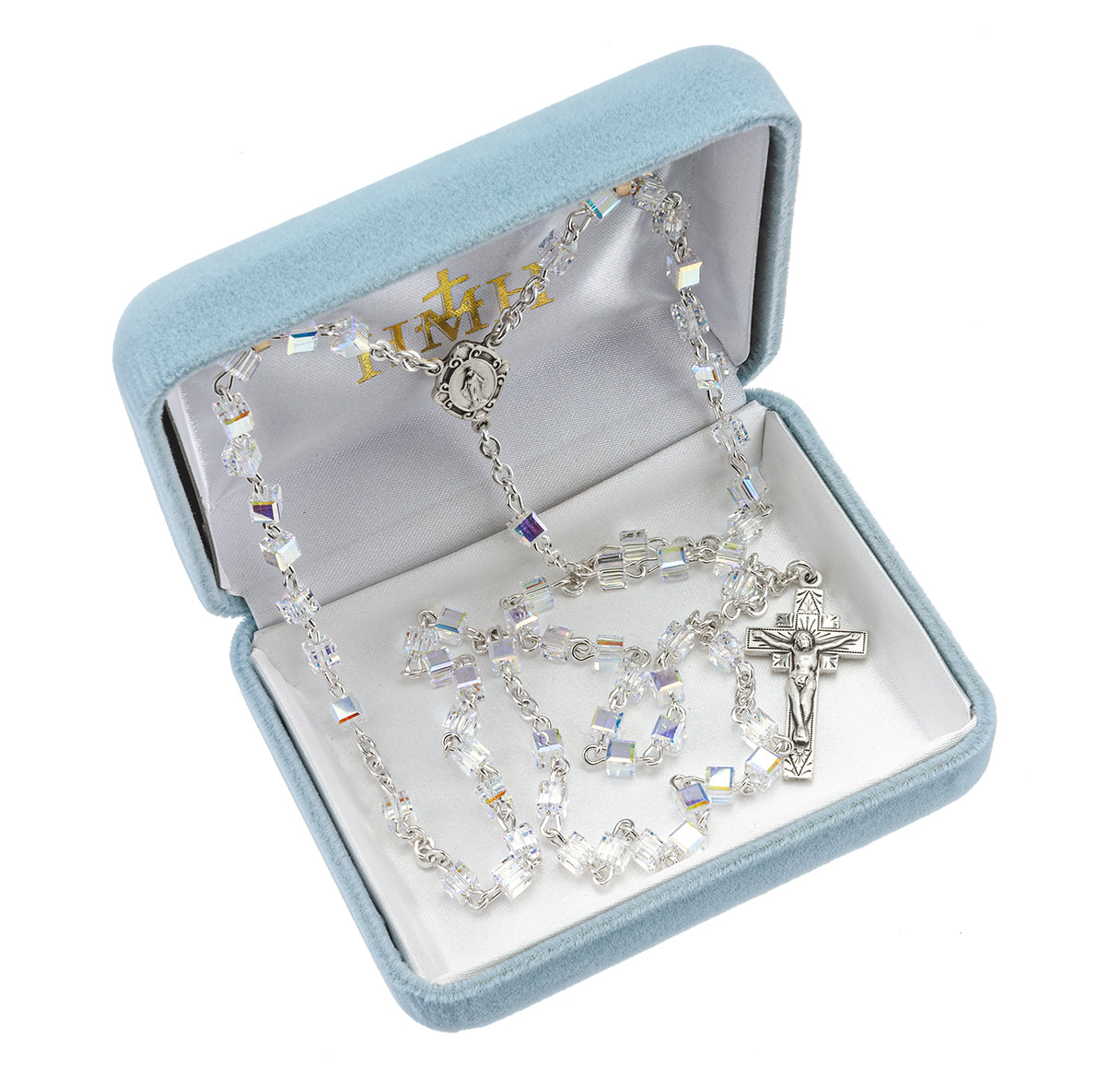 4mm Finest Aurora Borealis Crystal Cube Beads Necklace | Catholic Jewelry