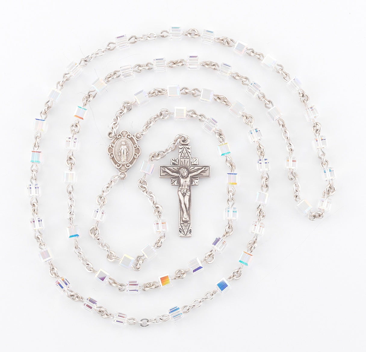 4mm Finest Aurora Borealis Crystal Cube Beads Necklace | Catholic Jewelry
