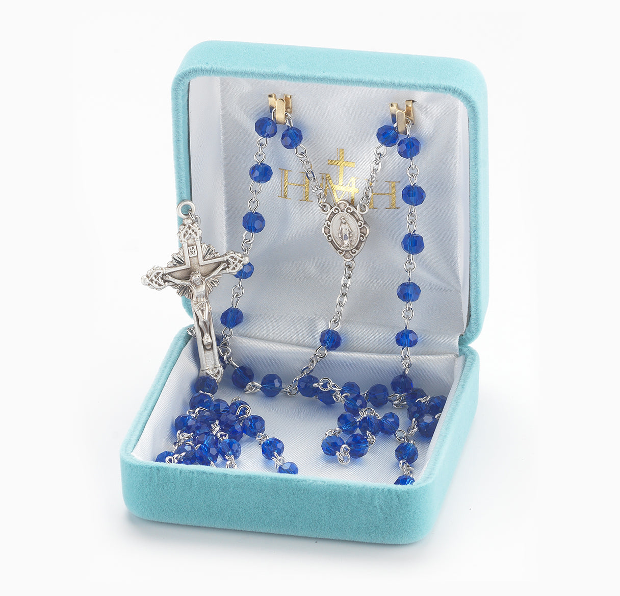 Rosary Sterling Crucifix and Centerpiece Created with finest Austrian Crystal 5mm Round Caribbean Blue Beads by HMH | .925 Silver