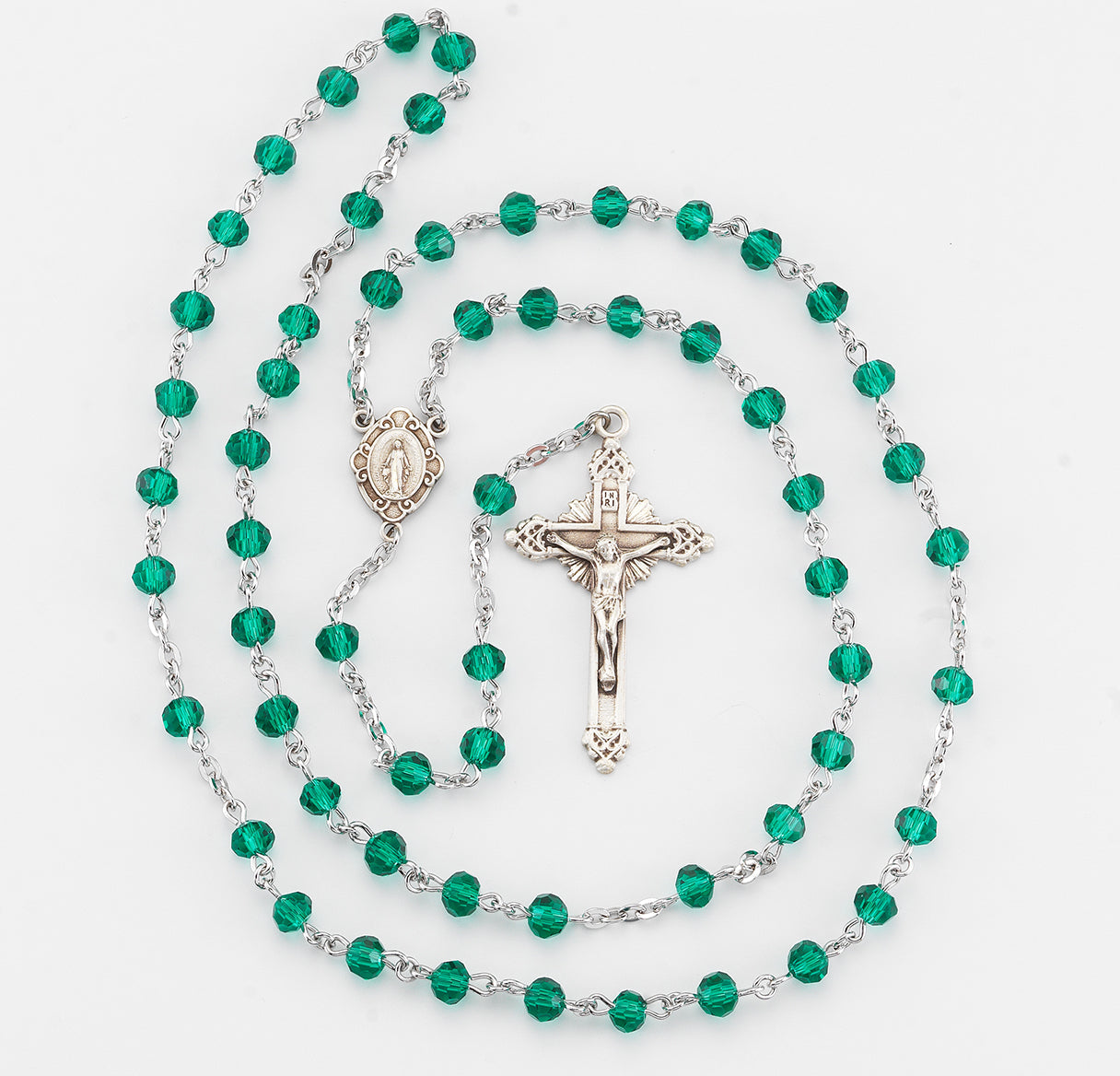 Round Emerald Bead Rosary Sterling Crucifix and Centerpiece | .925 Silver
