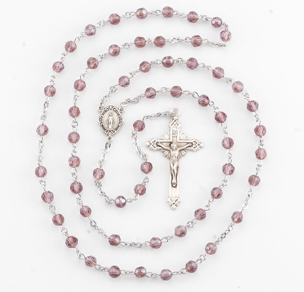 Round Light Amethyst Bead Rosary Sterling Crucifix and Centerpiece | .925 Silver