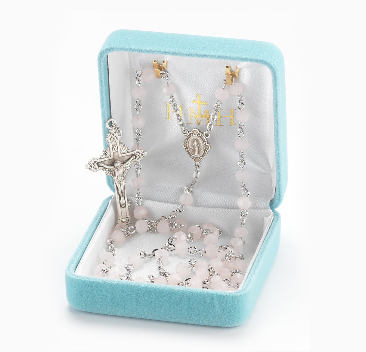 Round Rose Opal Bead Rosary Sterling Crucifix and Centerpiece | .925 Silver