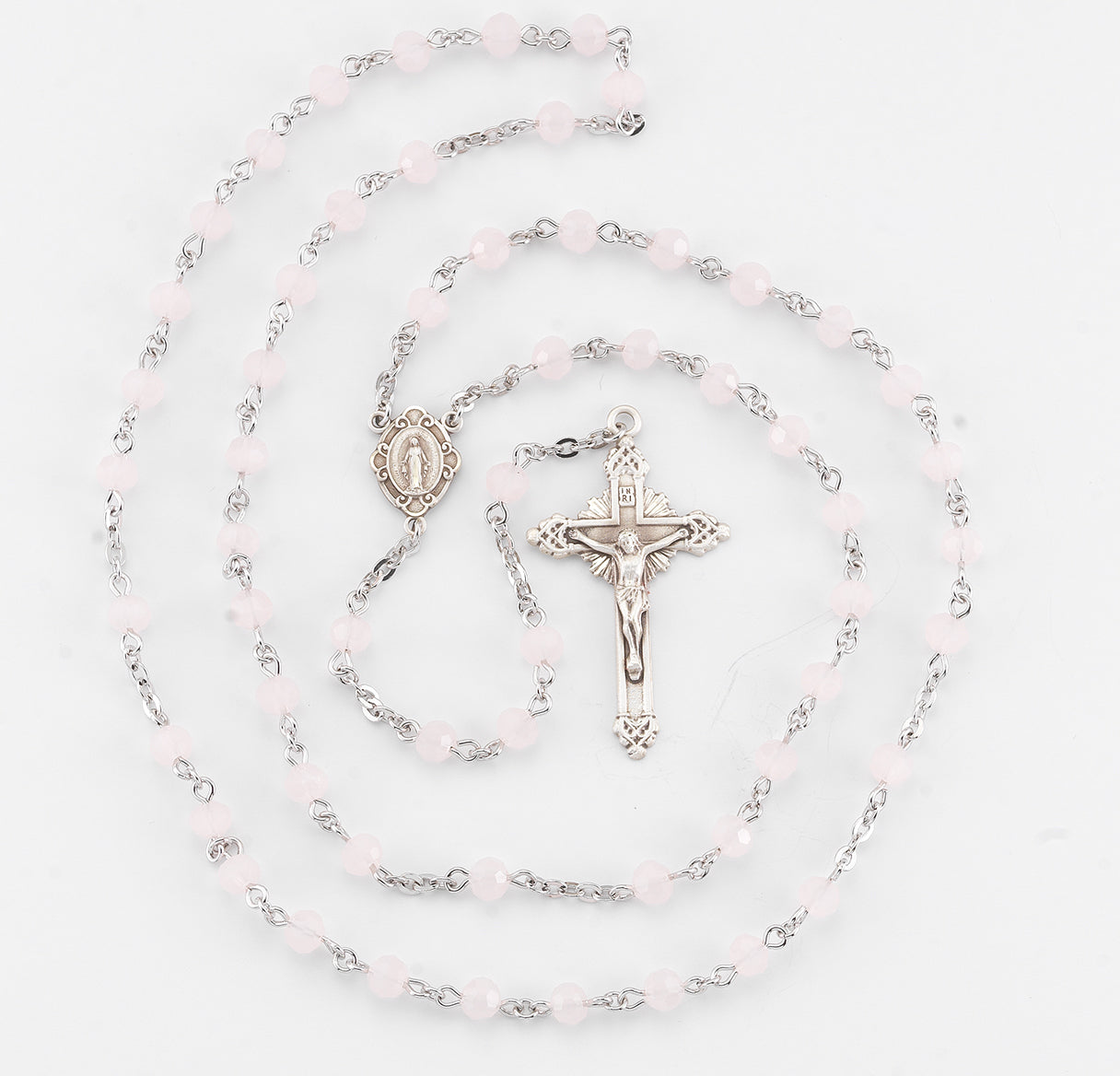 Round Rose Opal Bead Rosary Sterling Crucifix and Centerpiece | .925 Silver