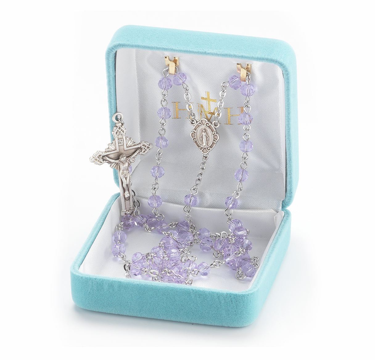 Round Violet Bead Rosary Sterling Crucifix and Centerpiece | .925 Silver