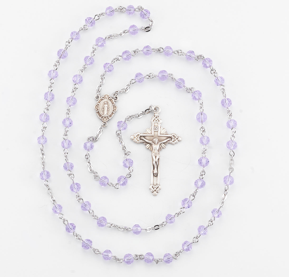 Round Violet Bead Rosary Sterling Crucifix and Centerpiece | .925 Silver