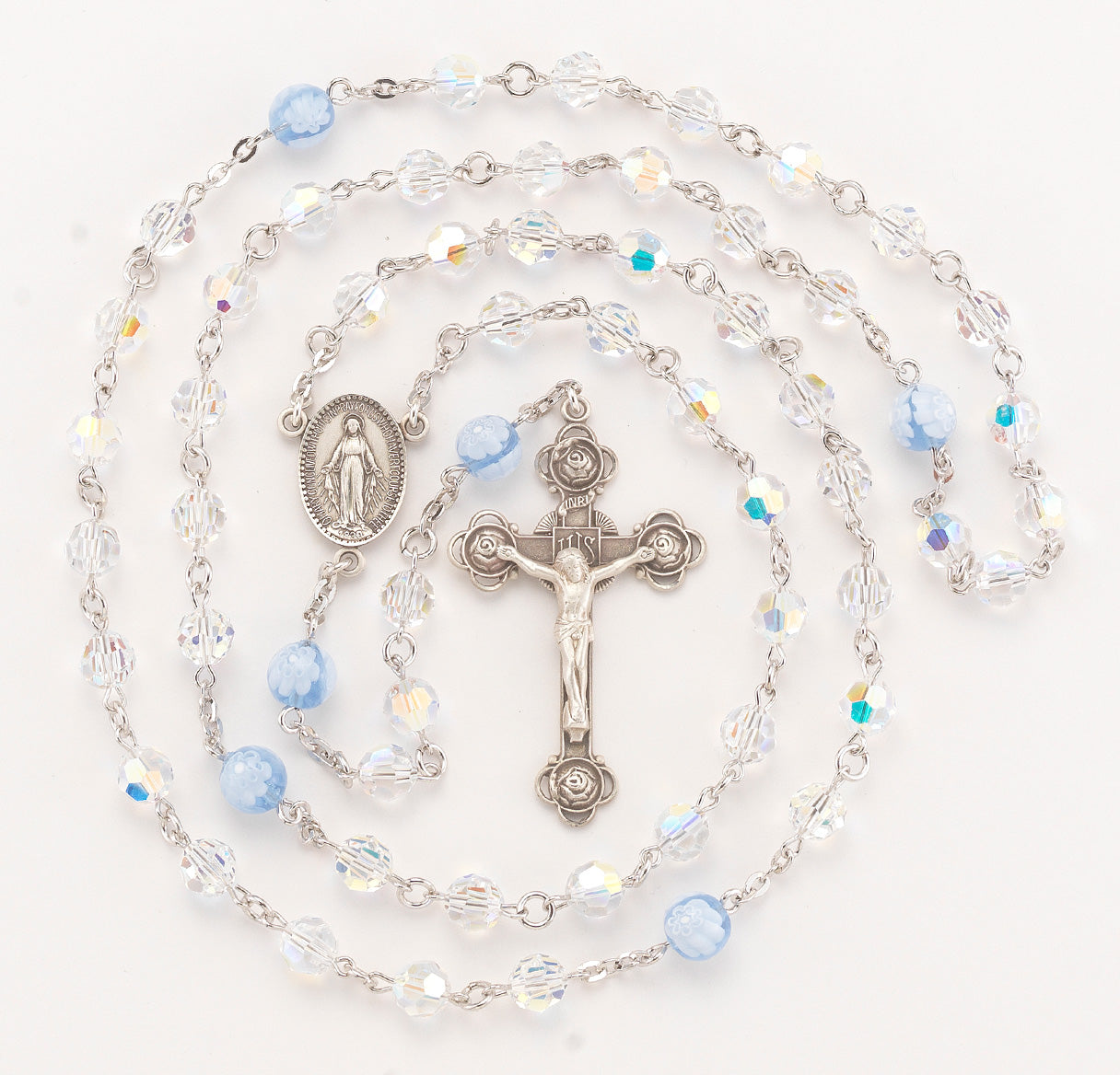 Rosary Sterling Crucifix and Centerpiece Created with finest Austrian Crystal 7mm Aurora Borealis and 8mm Glass Round Blue Beads by HMH