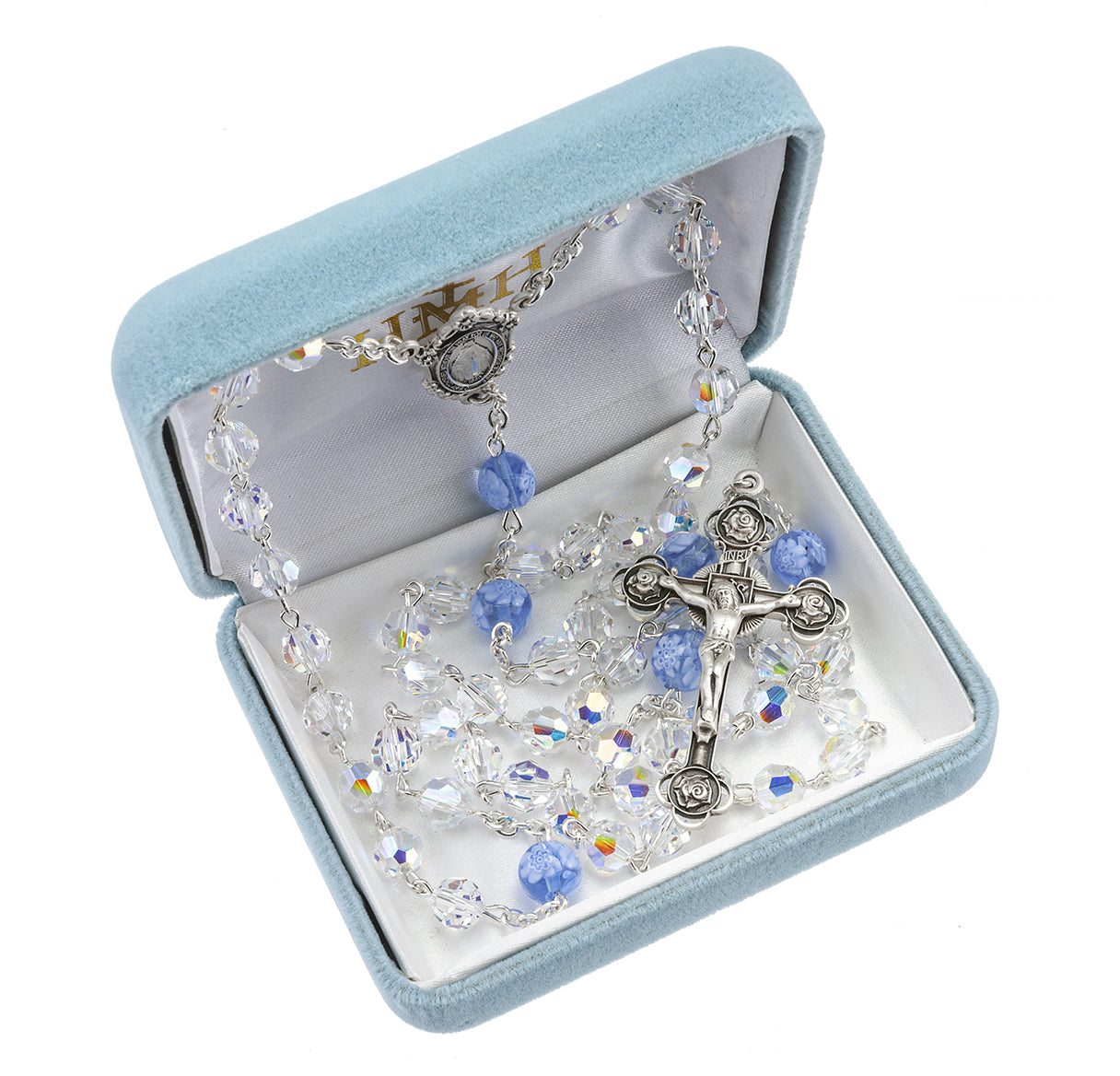 Rosary Sterling Crucifix and Centerpiece Created with finest Austrian Crystal 7mm Aurora Borealis and 8mm Glass Round Blue Beads by HMH