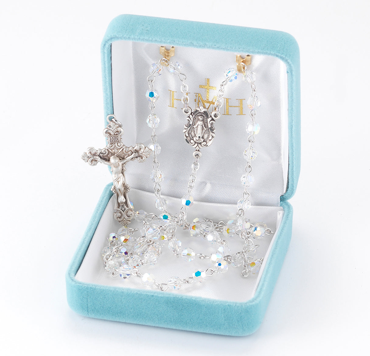 Rosary Sterling Crucifix and Centerpiece Created with finest Austrian Crystal 5mm Faceted Round Aurora Borealis Beads by HMH