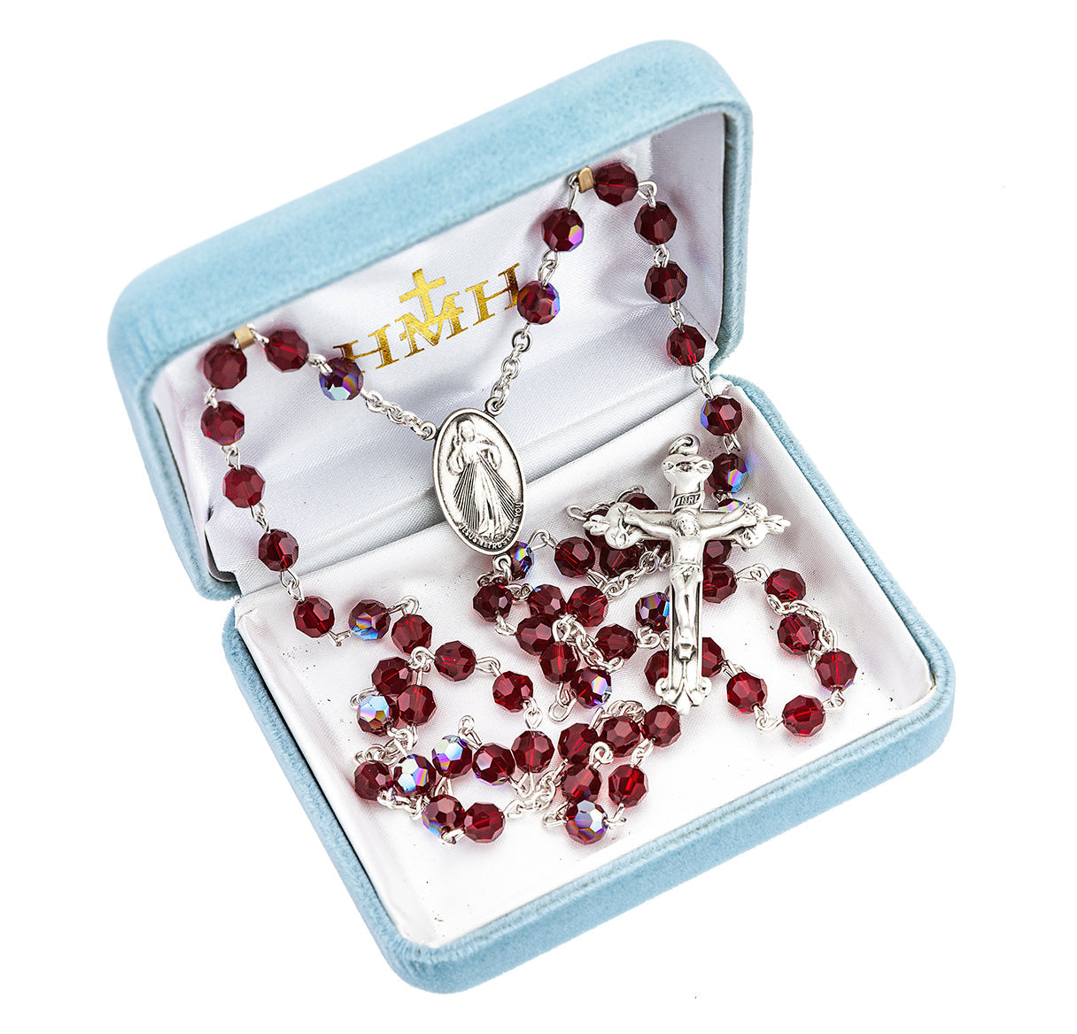 Sterling Silver Divine Mercy Rosary Chaplet- 6mm Finest Ruby Crystal Beads | .925 Silver