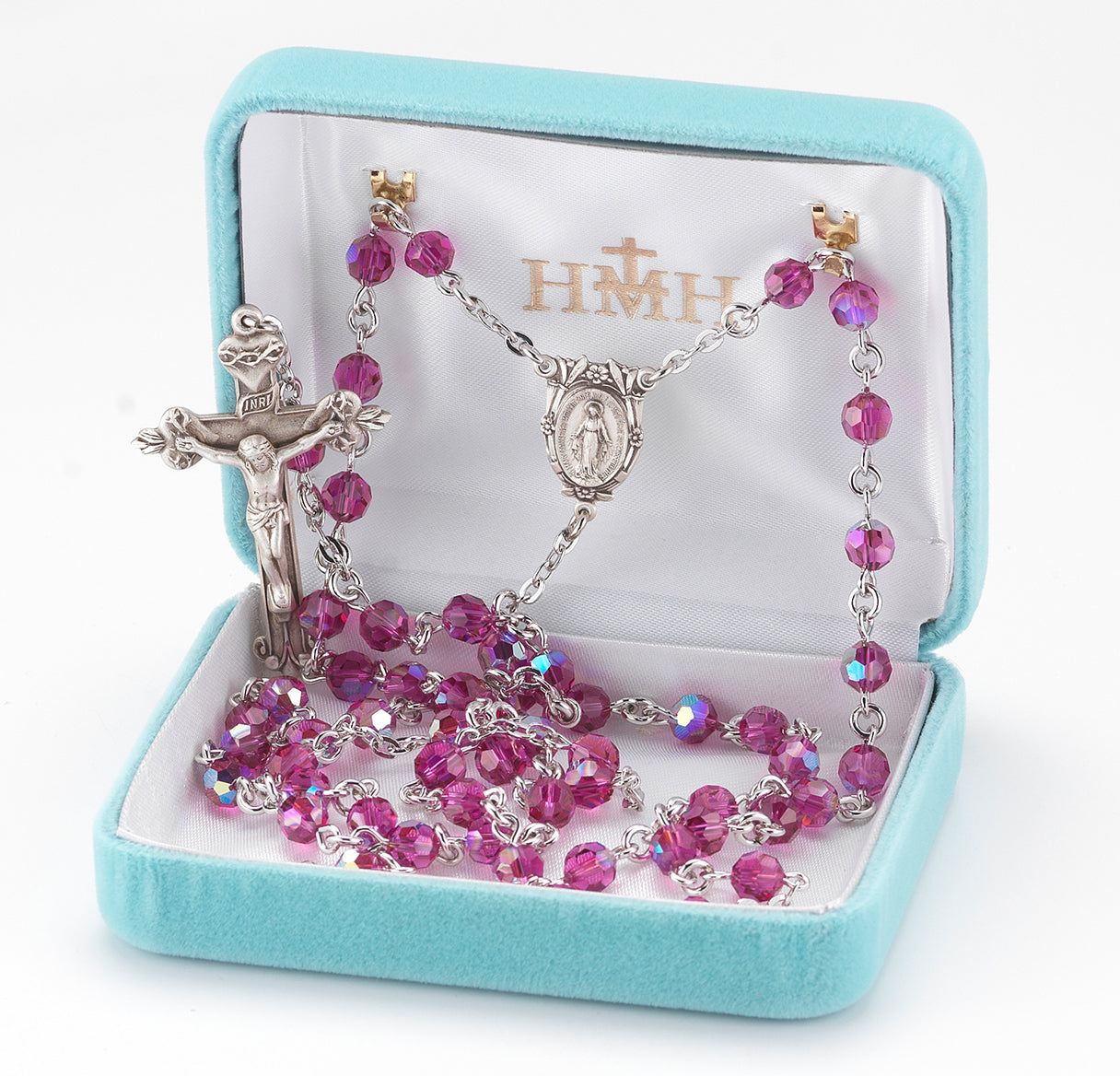 Rosary Sterling Crucifix and Centerpiece Created with finest Austrian Crystal 6mm Faceted Round Fuchsia Beads by HMH | .925 Silver