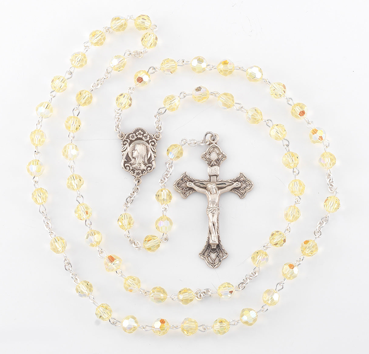 Rosary Sterling Crucifix and Centerpiece Created with finest Austrian Crystal 6mm Faceted Round Jonquil Beads by HMH | .925 Silver