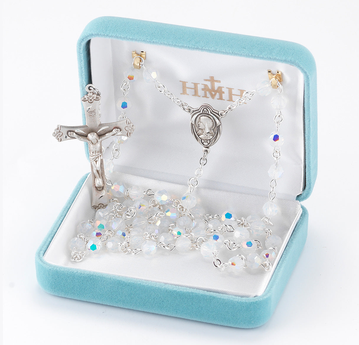 Rosary Sterling Crucifix and Centerpiece Created with finest Austrian Crystal 6mm Faceted Round Opal Beads by HMH | .925 Silver