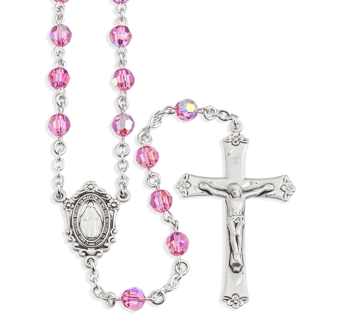 Rosary Sterling Crucifix and Centerpiece Created with finest Austrian Crystal 6mm Faceted Round Pink Beads by HMH | .925 Silver