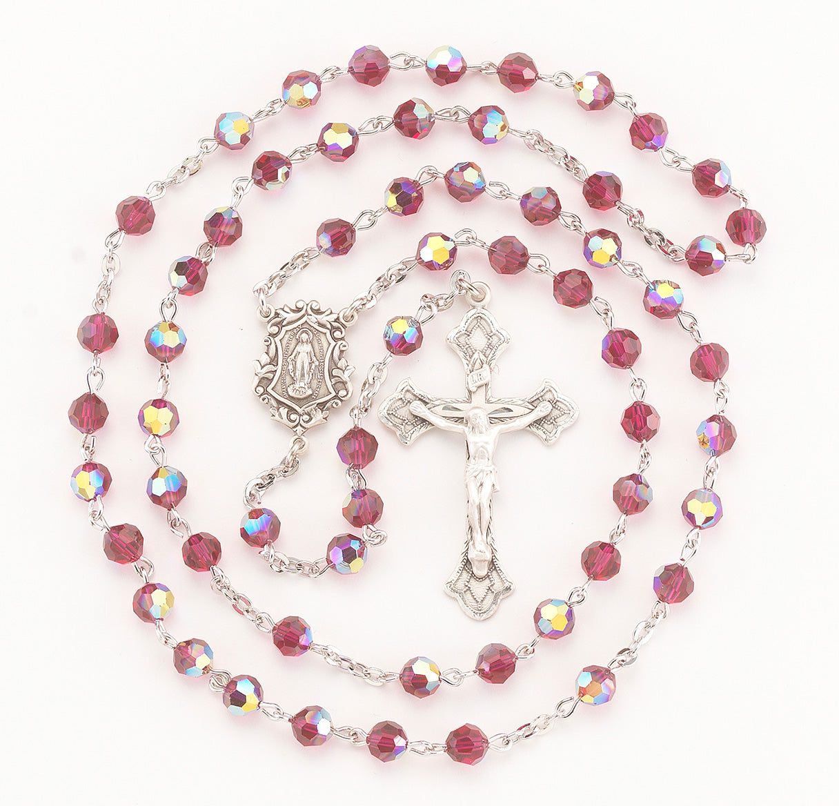 Rosary Sterling Crucifix and Centerpiece Created with finest Austrian Crystal 6mm Faceted Round Ruby Beads by HMH | .925 Silver