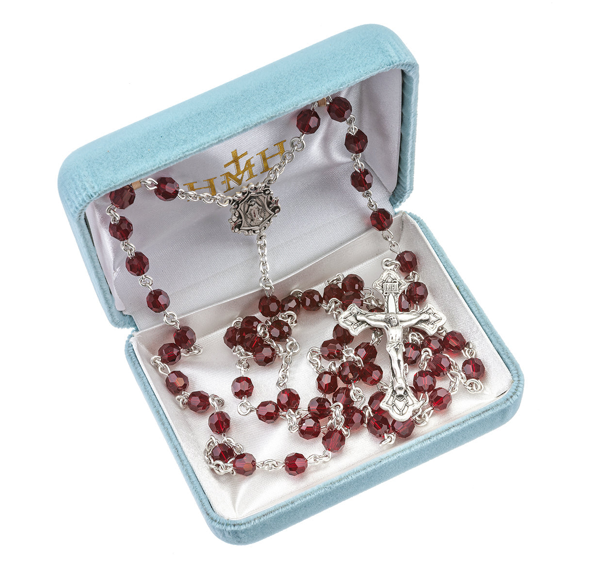 Rosary Sterling Crucifix and Centerpiece Created with finest Austrian Crystal 6mm Faceted Round Ruby Beads by HMH | .925 Silver