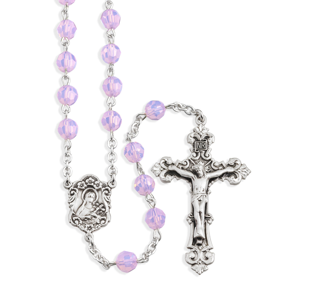 Rosary Sterling Crucifix and Centerpiece Created with finest Austrian Crystal 6mm Faceted Round Rose Opal Beads by HMH