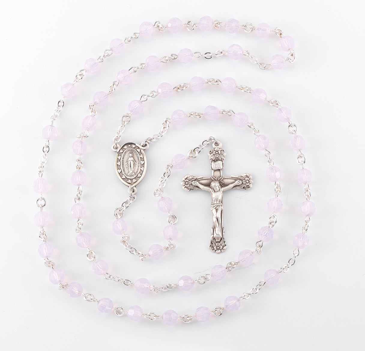 Rosary Sterling Crucifix and Centerpiece Created with finest Austrian Crystal 6mm Faceted Round Rose Opal Beads by HMH