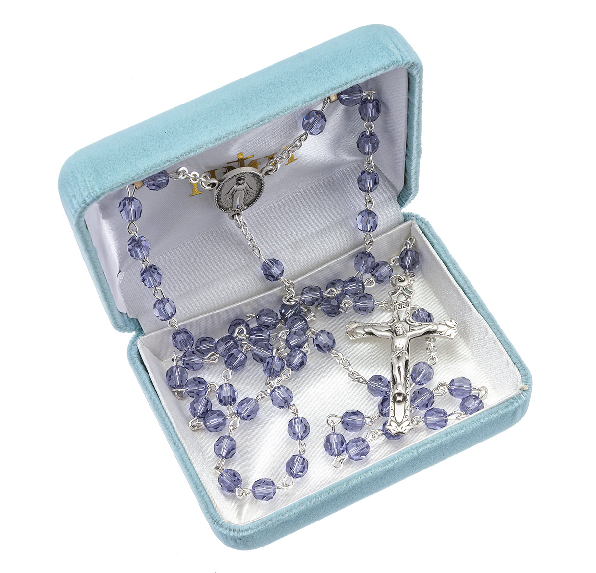 Rosary Sterling Crucifix and Centerpiece Created with finest Austrian Crystal 6mm Faceted Round Tanzanite Beads by HMH