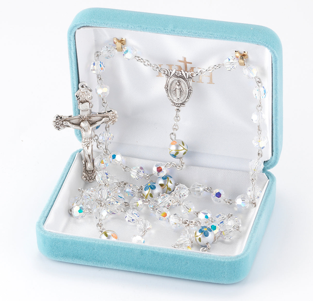 Rosary Sterling Crucifix and Centerpiece Created with finest Austrian Crystal 6mm Faceted Aurora Borealis Beads by HMH