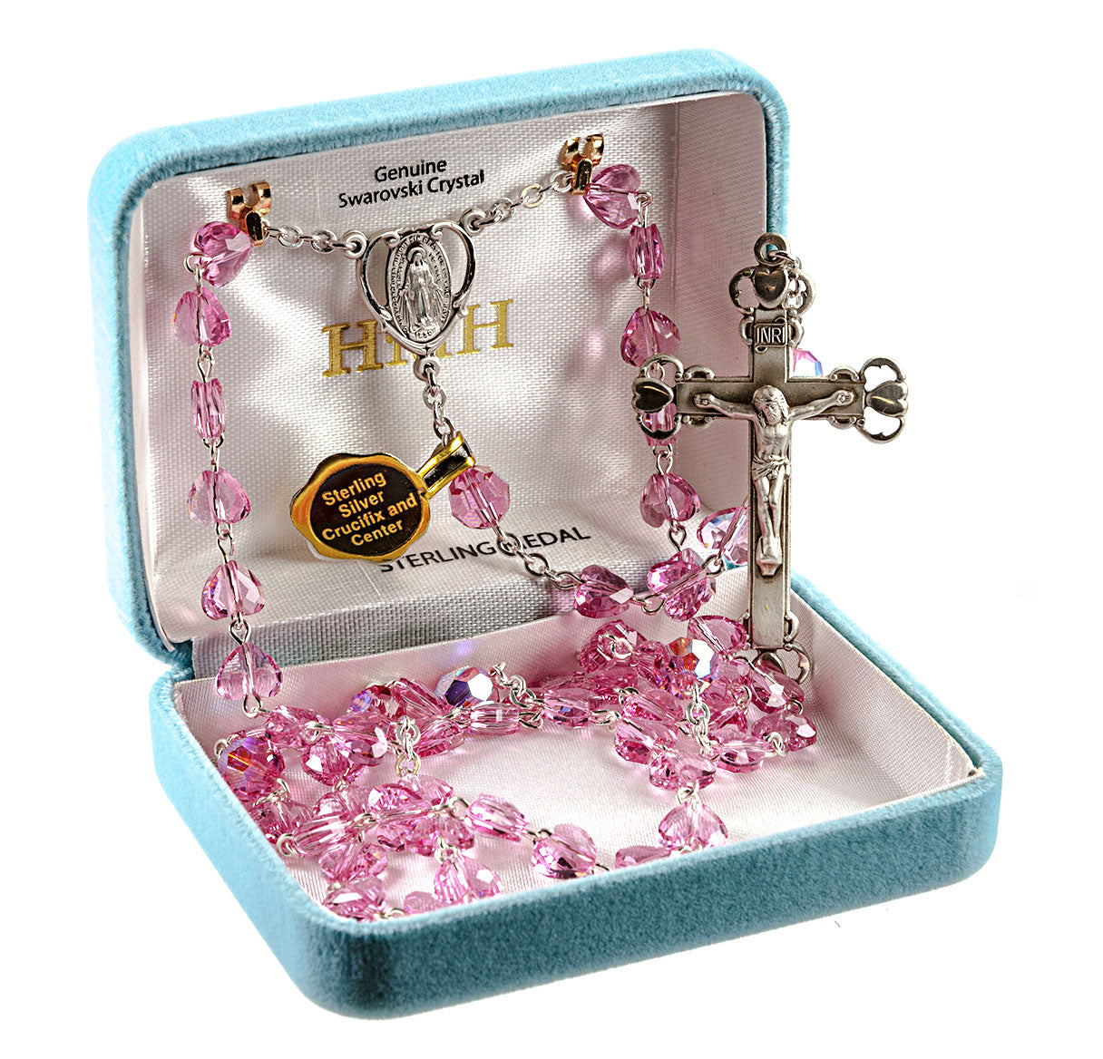 Rosary Sterling Crucifix and Centerpiece Created with finest Austrian Crystal 8mm Heart Shape Beads in Pink by HMH | .925 Silver