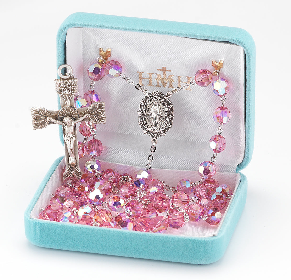 Rosary Sterling Crucifix and Centerpiece Created with finest Austrian Crystal 8mm Beads in Pink by HMH | .925 Silver