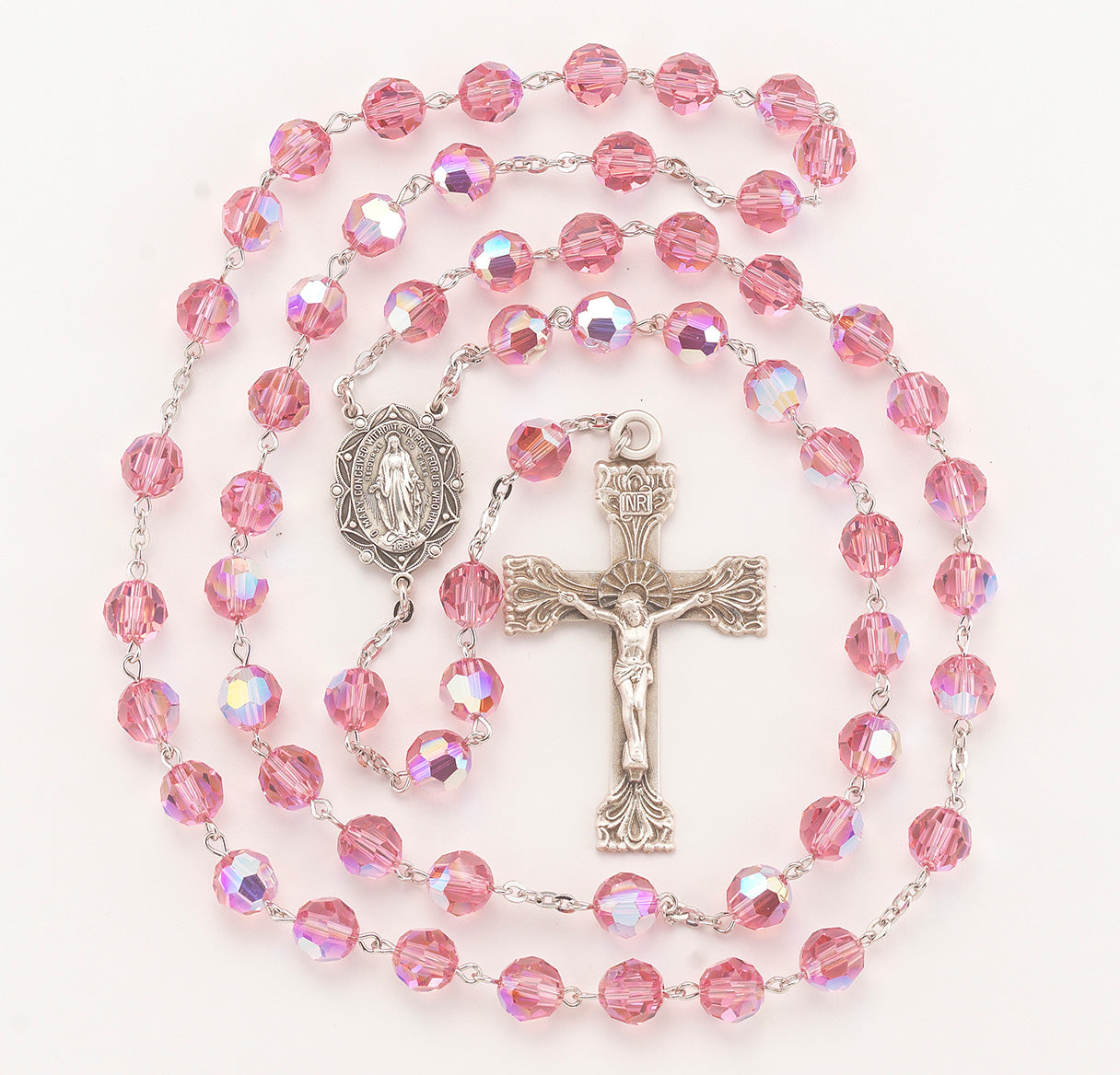 Rosary Sterling Crucifix and Centerpiece Created with finest Austrian Crystal 8mm Beads in Pink by HMH | .925 Silver