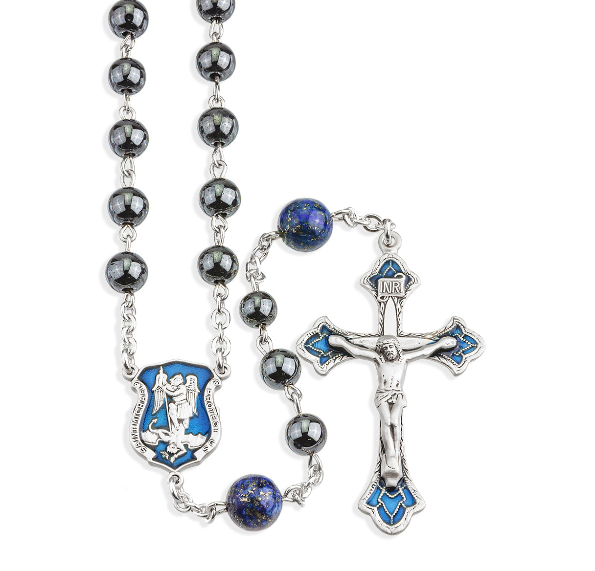 Rhodium Plated Police Rosary with 6mm Genuine Hematite Beads | Catholic Rosary