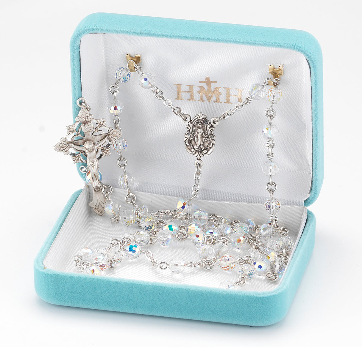 Rosary Sterling Crucifix and Centerpiece Created with finest Austrian Crystal 8mm Faceted Round Aurora Borealis Beads by HMH