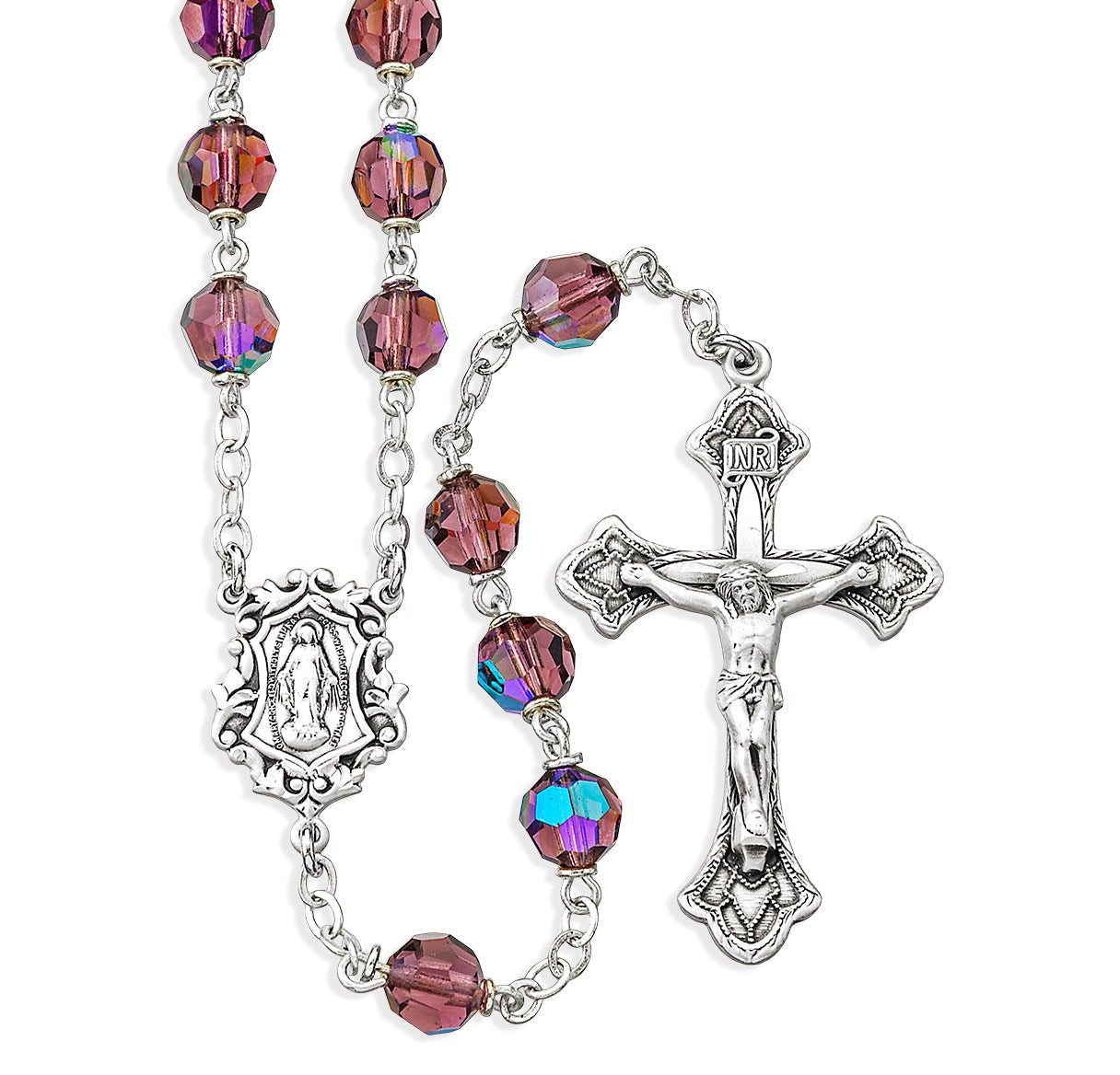 7mm Amethyst Crystal Czech Aurora Beads Necklace | Catholic Jewelry