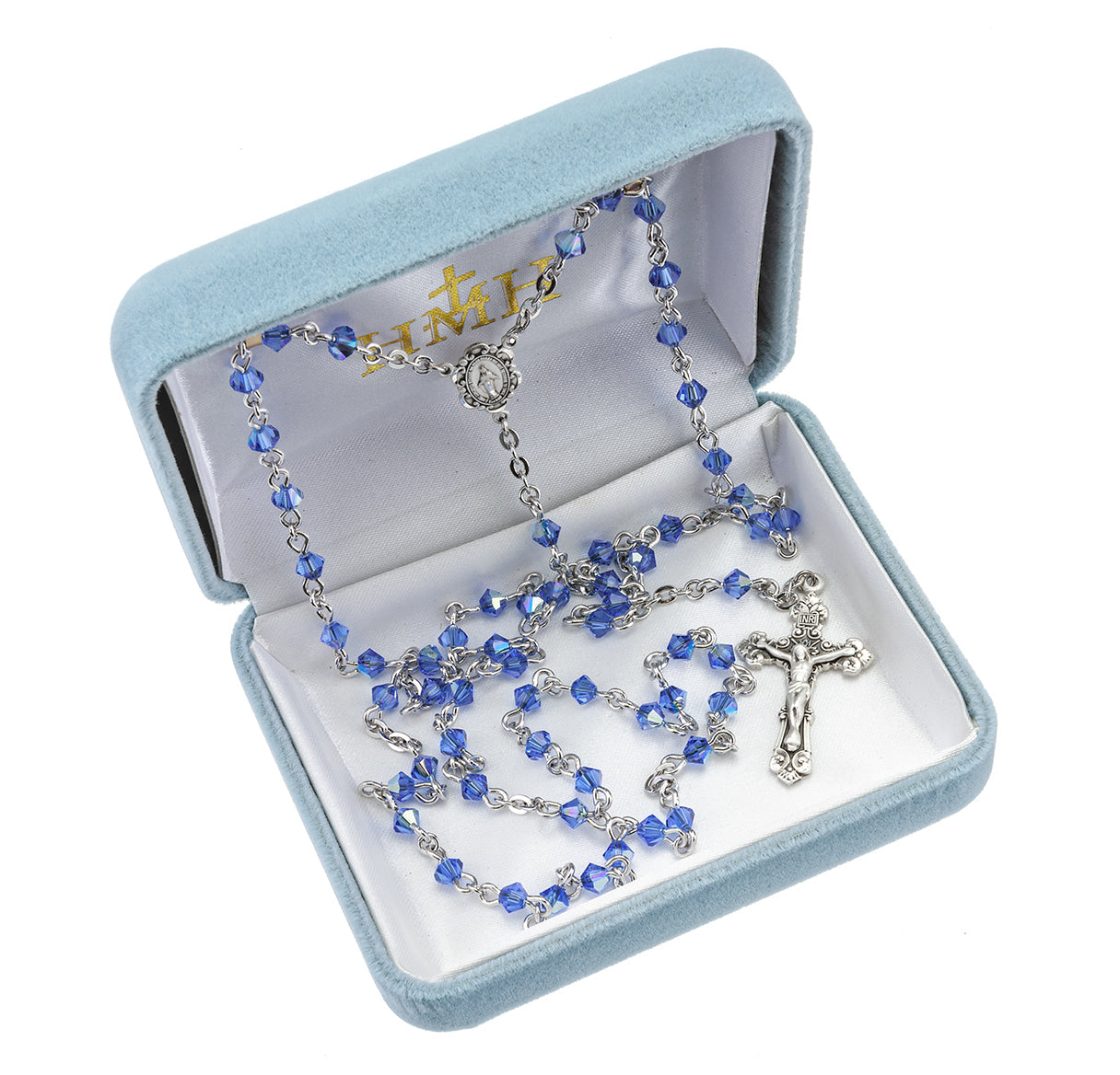 Rosary Sterling Crucifix and Centerpiece Created with finest Austrian Crystal 4mm Faceted Tin Cut Bicone Beads in Sapphire by HMH
