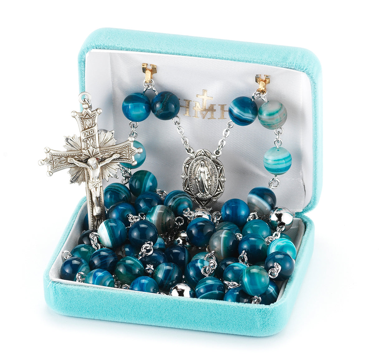 Striped Blue Agate Rosary Sterling Crucifix and Centerpiece | .925 Silver