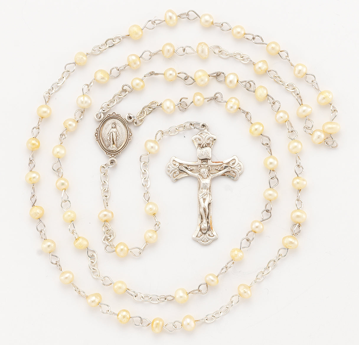 Gold Freshwater Pearl Rosary Sterling Crucifix and Centerpiece | .925 Silver