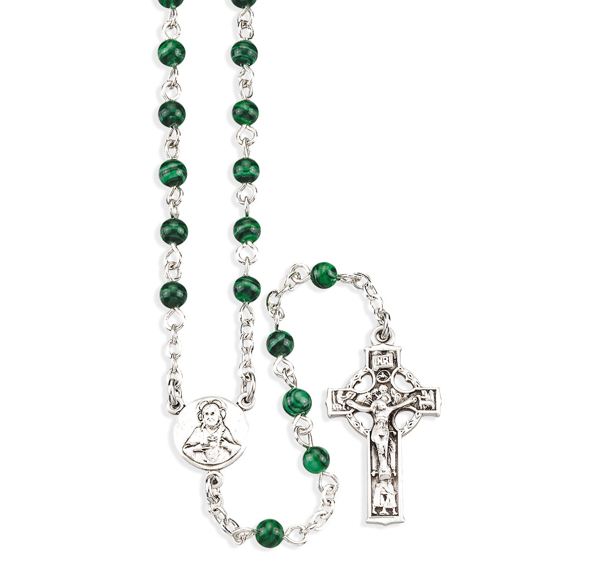 Genuine Malachite Rosary Sterling Crucifix and Centerpiece | .925 Silver