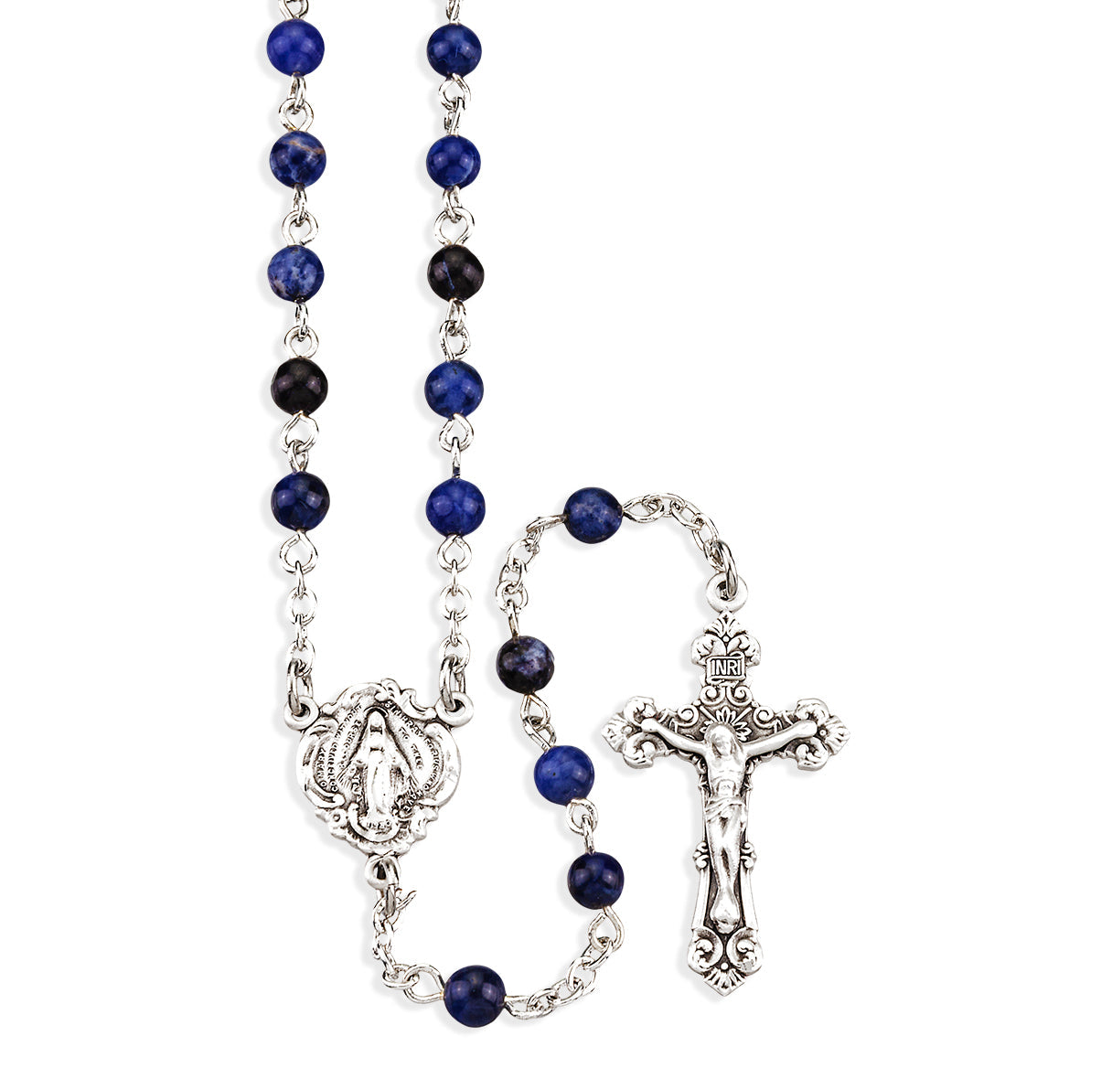 Genuine Sodalite Stone Rosary Sterling Crucifix and Centerpiece | .925 Silver