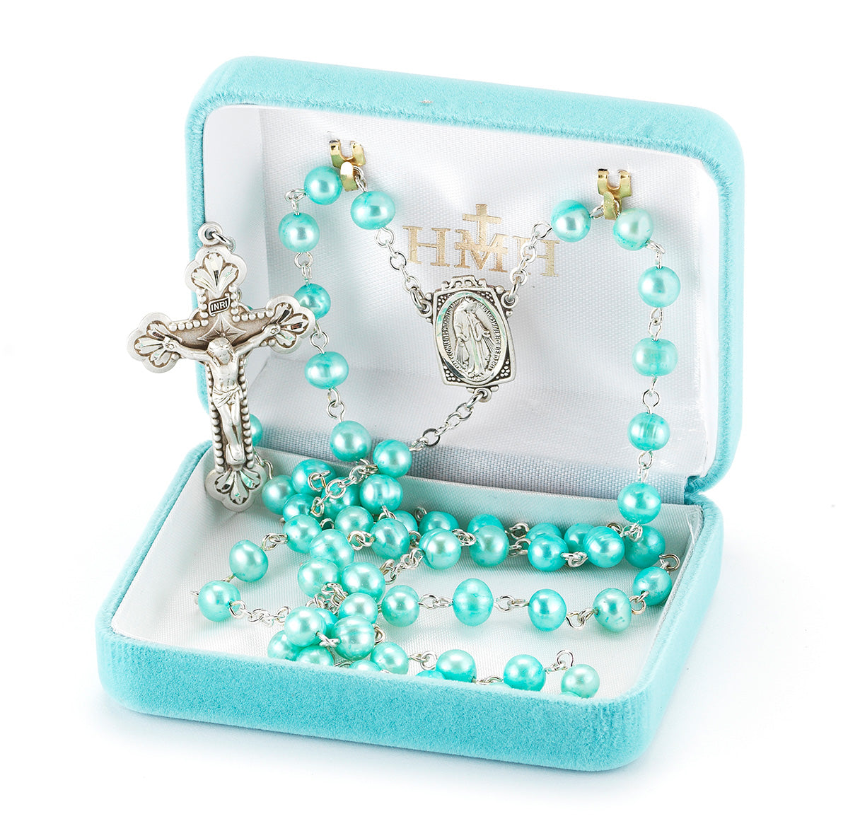 Blue Freshwater Pearl Rosary Sterling Crucifix and Centerpiece | .925 Silver