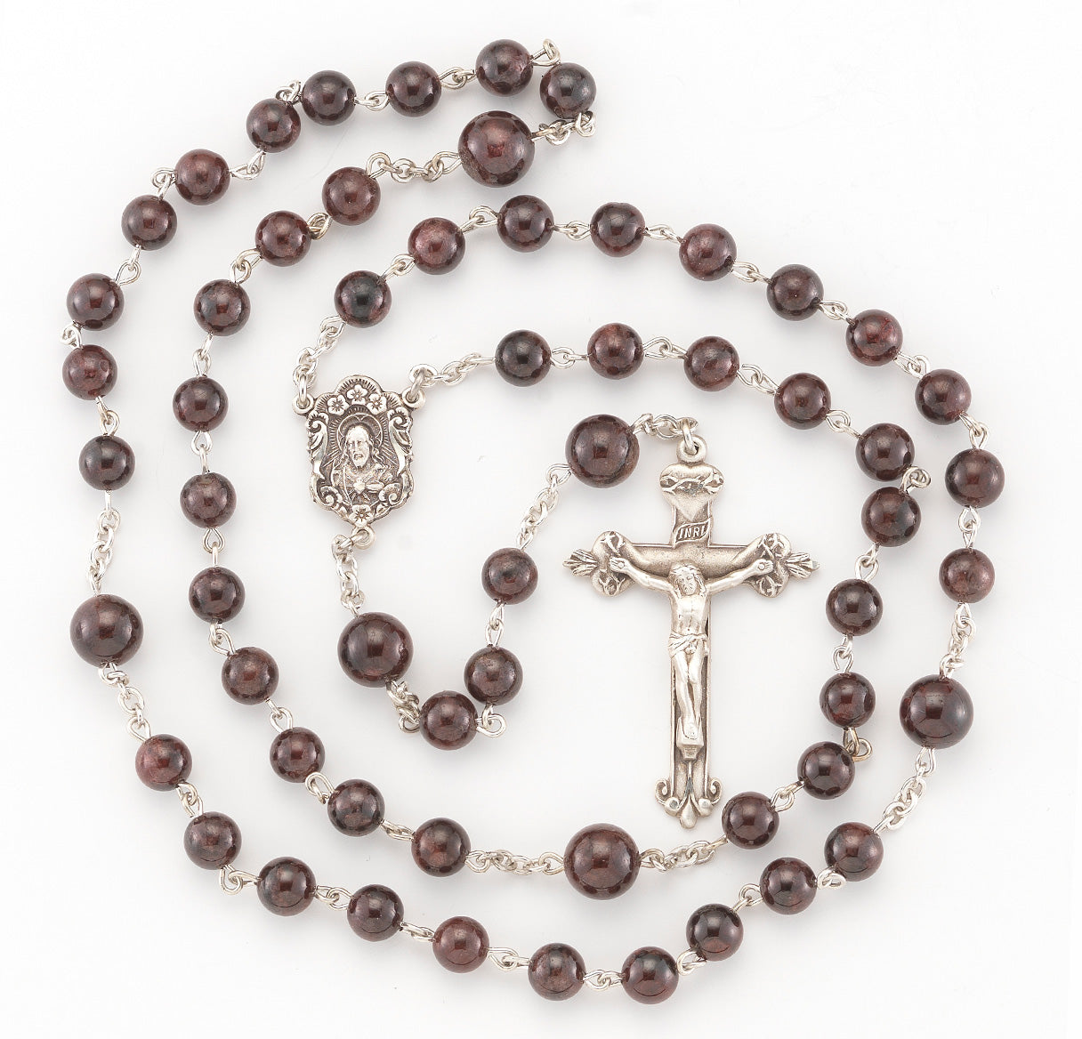 Round Garnet Bead Rosary Sterling Crucifix and Centerpiece | .925 Silver