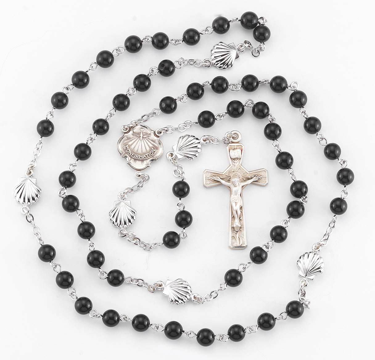 Round Genuine Onyx Rosary Sterling Crucifix and Centerpiece | .925 Silver