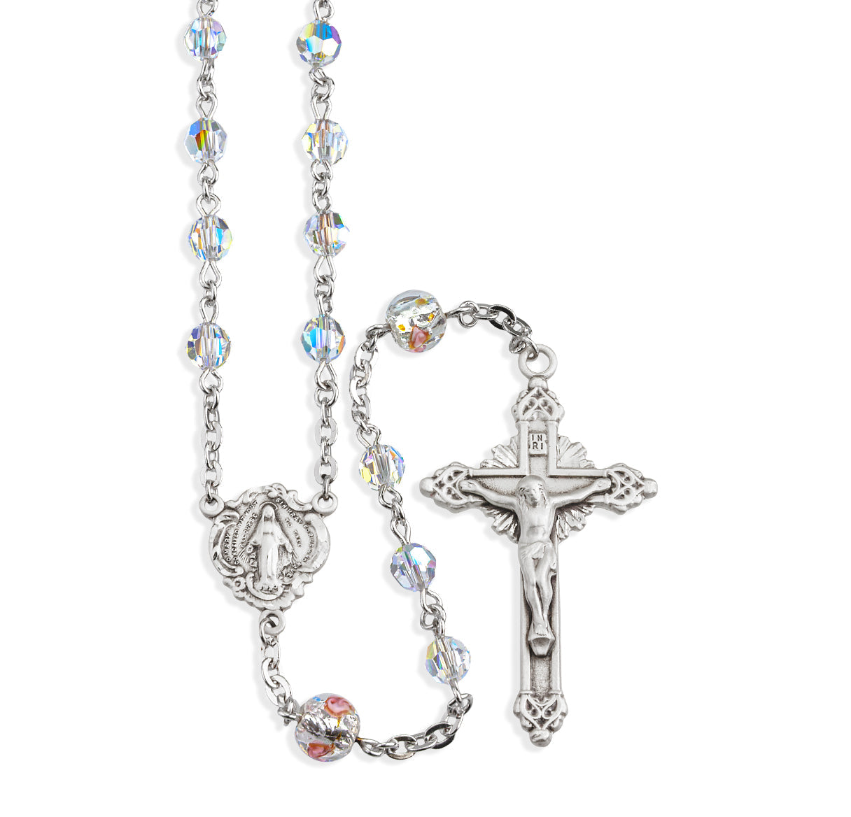 Rosary Sterling Crucifix and Centerpiece Created with finest Austrian Crystal 5mm Aurora Borealis Beads by HMH | .925 Silver