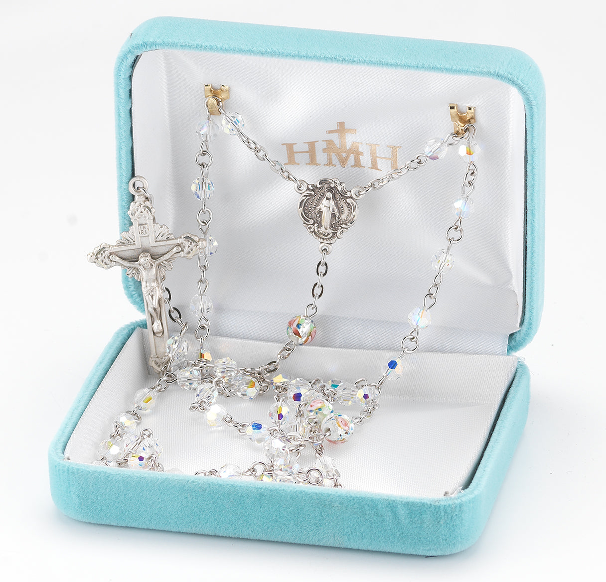 Rosary Sterling Crucifix and Centerpiece Created with finest Austrian Crystal 5mm Aurora Borealis Beads by HMH | .925 Silver