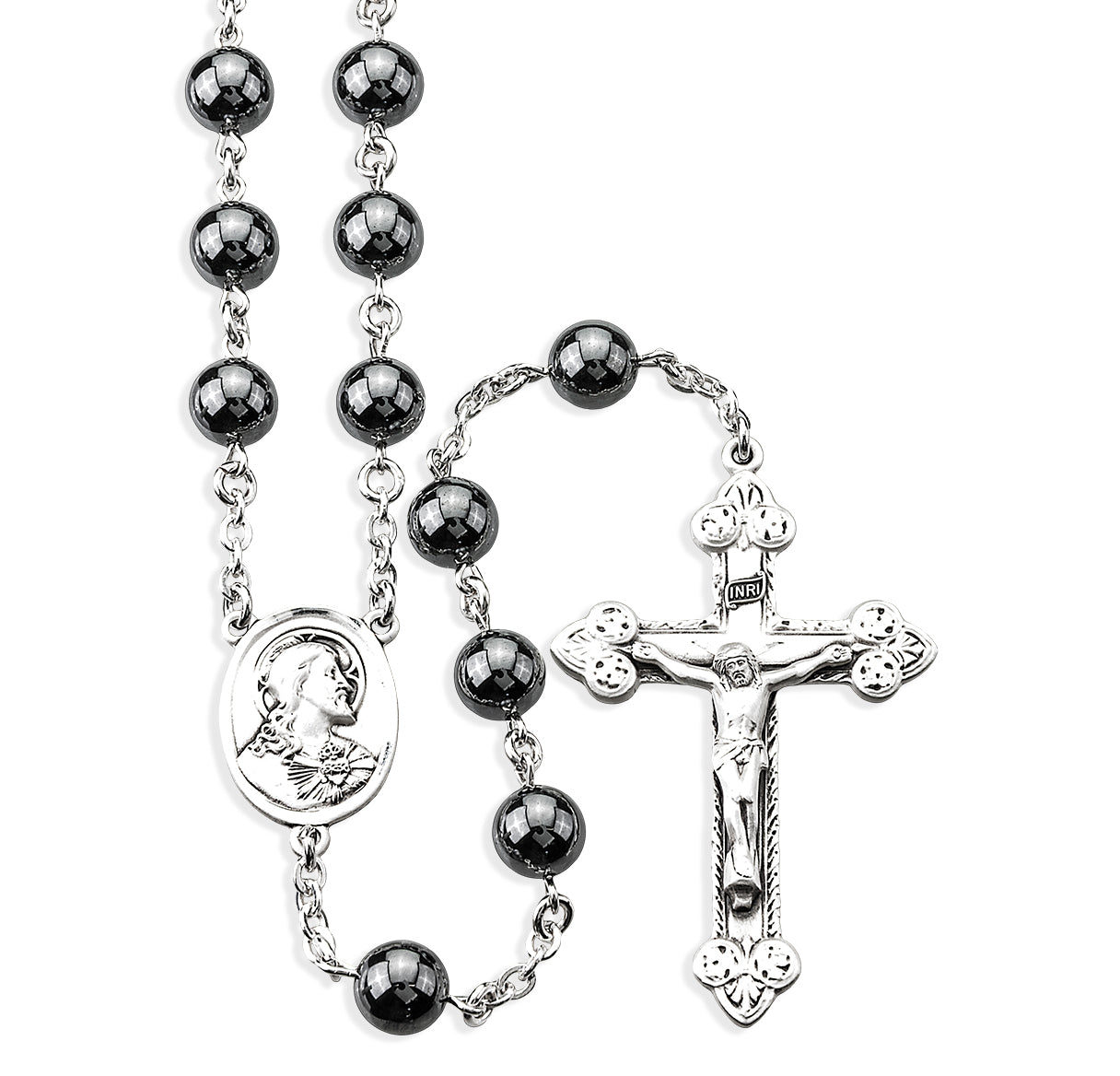Round Genuine Hematite Rosary Sterling Crucifix and Centerpiece | .925 Silver
