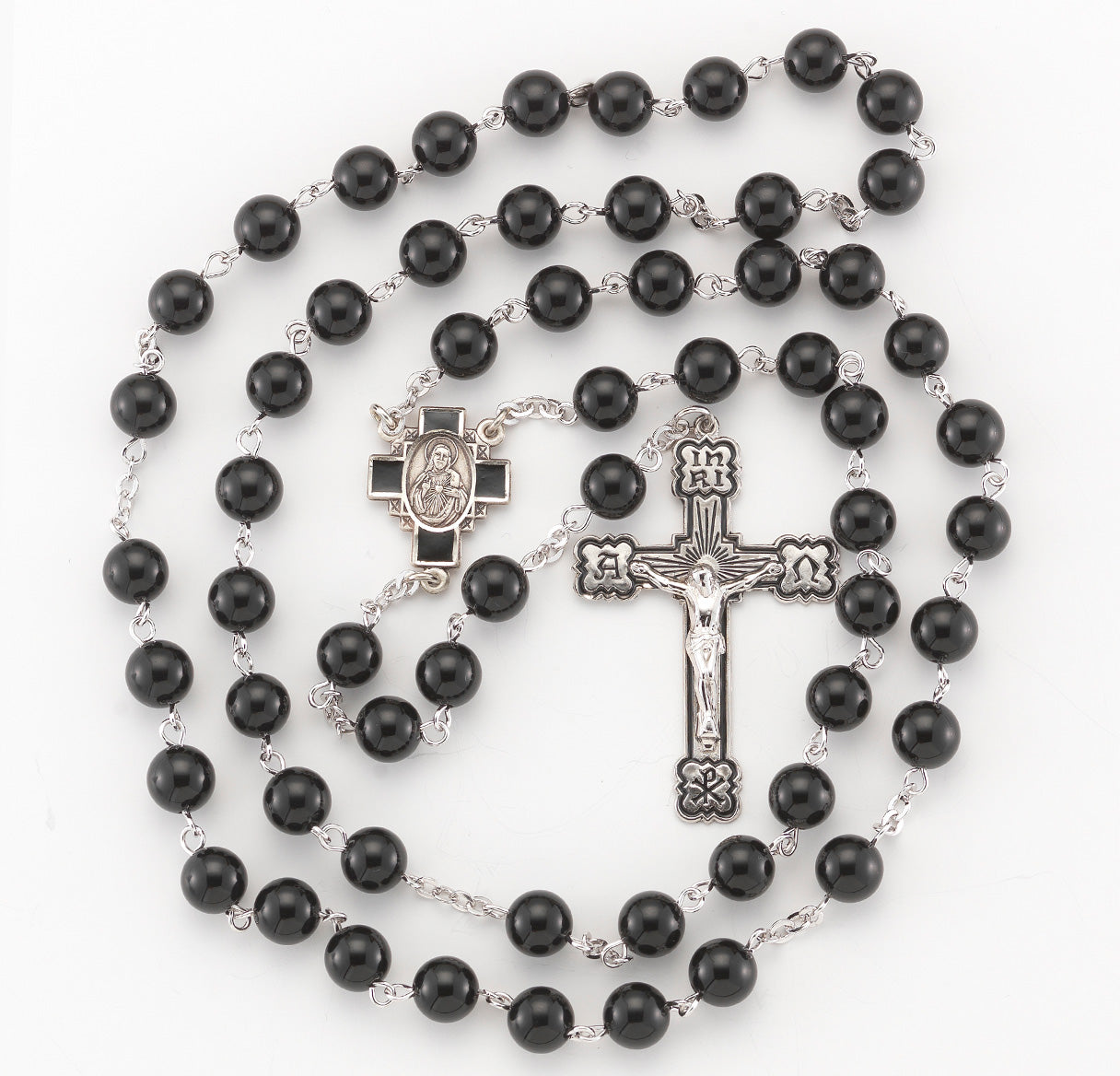 Round Onyx Bead Rosary Sterling Crucifix and Centerpiece | .925 Silver