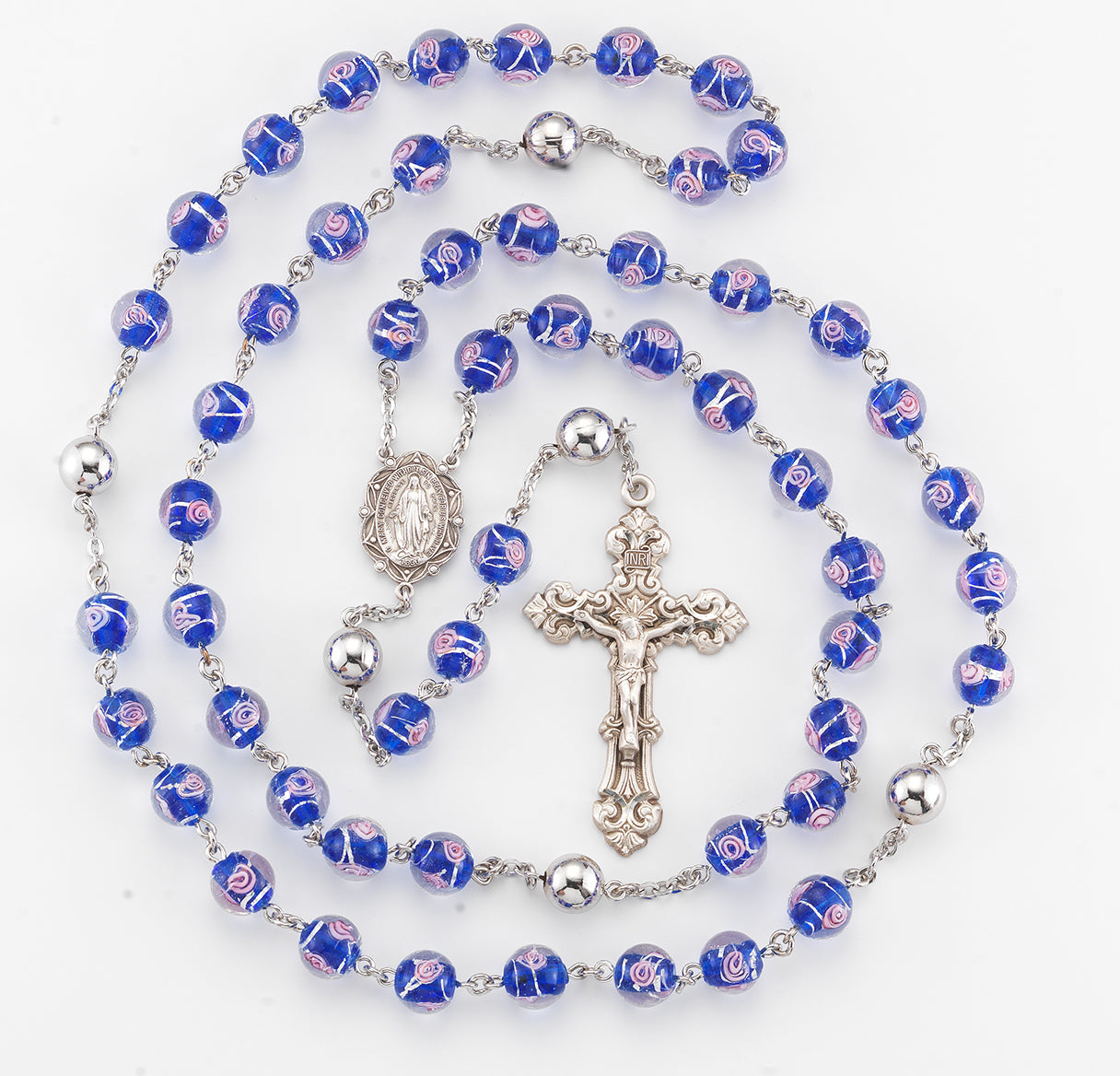 Blue Czech Glass Beads with Pink Flowers Rosary Sterling Crucifix and Centerpiece | .925 Silver